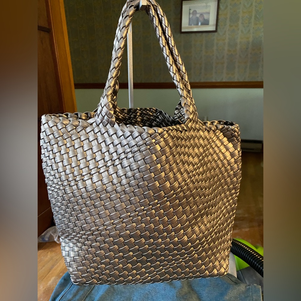 Elegant Woven Tote Bag - Silvery Pewter Vegan